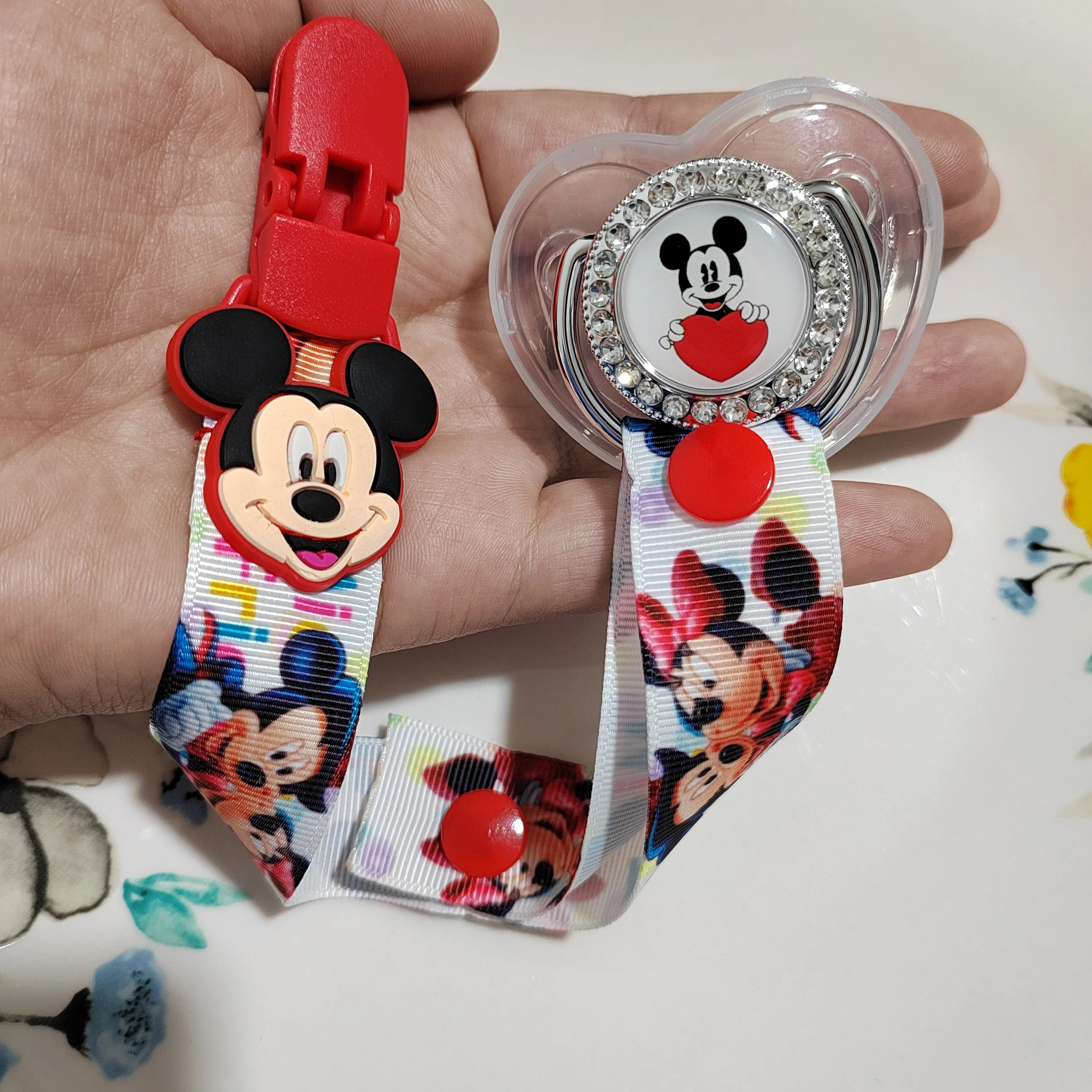 Disney Mickey Mouse Cartoon Image Pacifiers for Babies Infant Colthes Fabric Nipple Clamps Chain Holder Teethers Adapter Mam