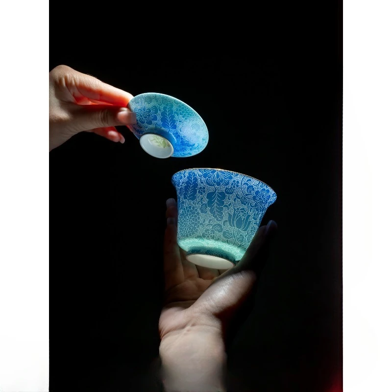 pastel hand-painted spring, summer, autumn and winter set, high-end jade mud kung fu tea set, cover bowl teacup set