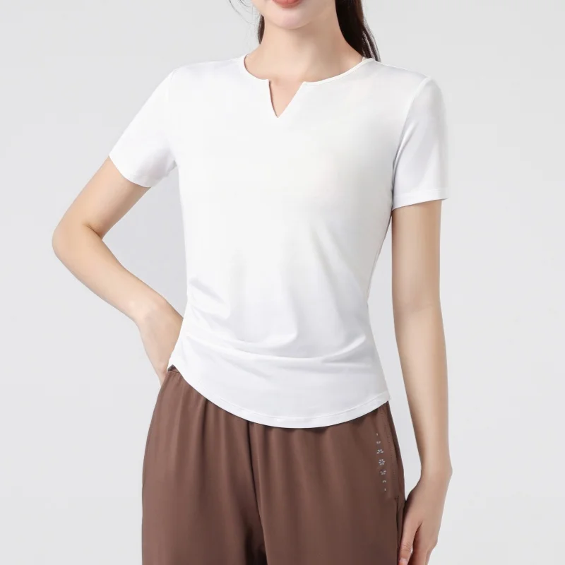 PHIGEER Summer V-Neck Yoga Top, Short Sleeve Loose Pleated Sports Shirt, Moisture Wicking Crop Athletic Top For Ballet​ Pilates