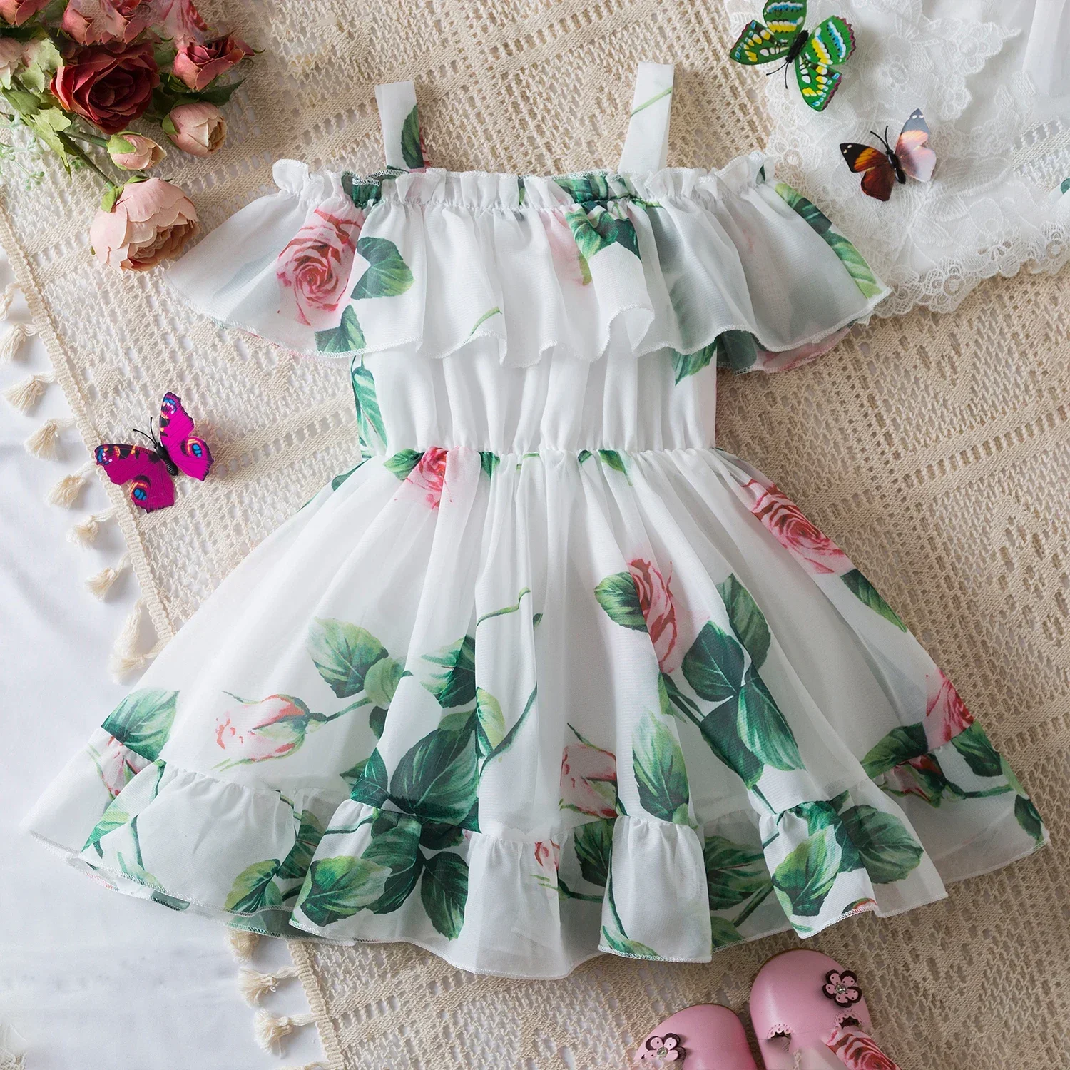 

New Summer Little Girls Dress for 1-5Yrs Vintage Print Smocked Dresses Children Floral Party Prom Gown Tutu Flower Kids Costume