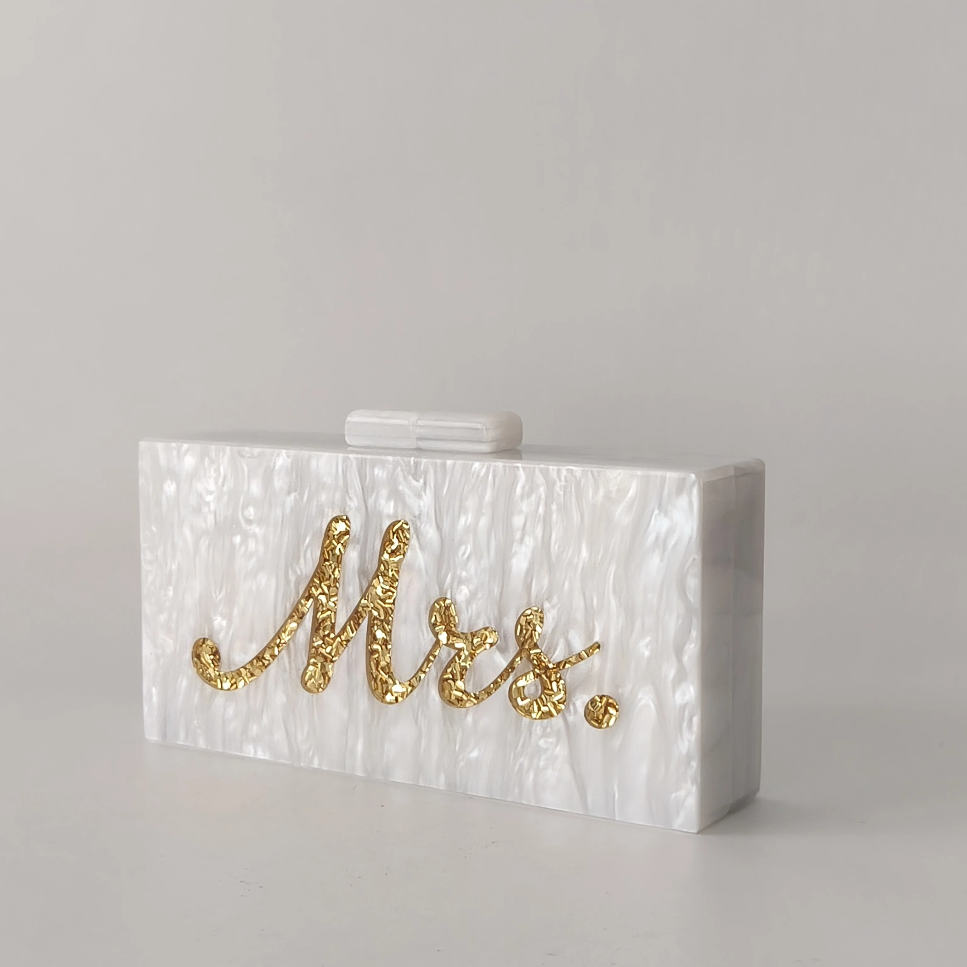 

Name Letter Pearl White Gold Glitter Mrs Women Acrylic Clutch Chic Marble Evening Handbag Wedding Party Clutch Box Clutch Purse