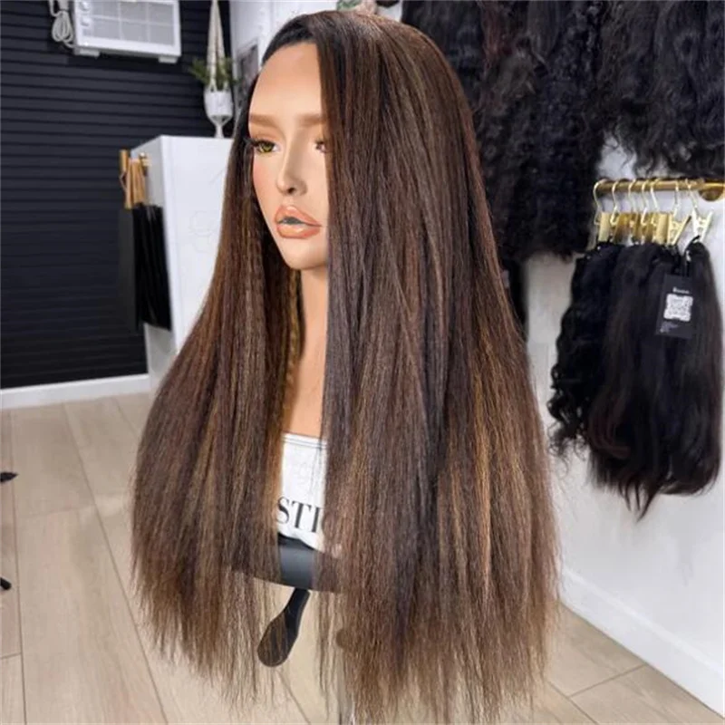 Soft 180Density 26Inch Highlight Blond Long Yaki Straight Lace Front Wig For Women With Baby Hair Preplucked Daily Glueless