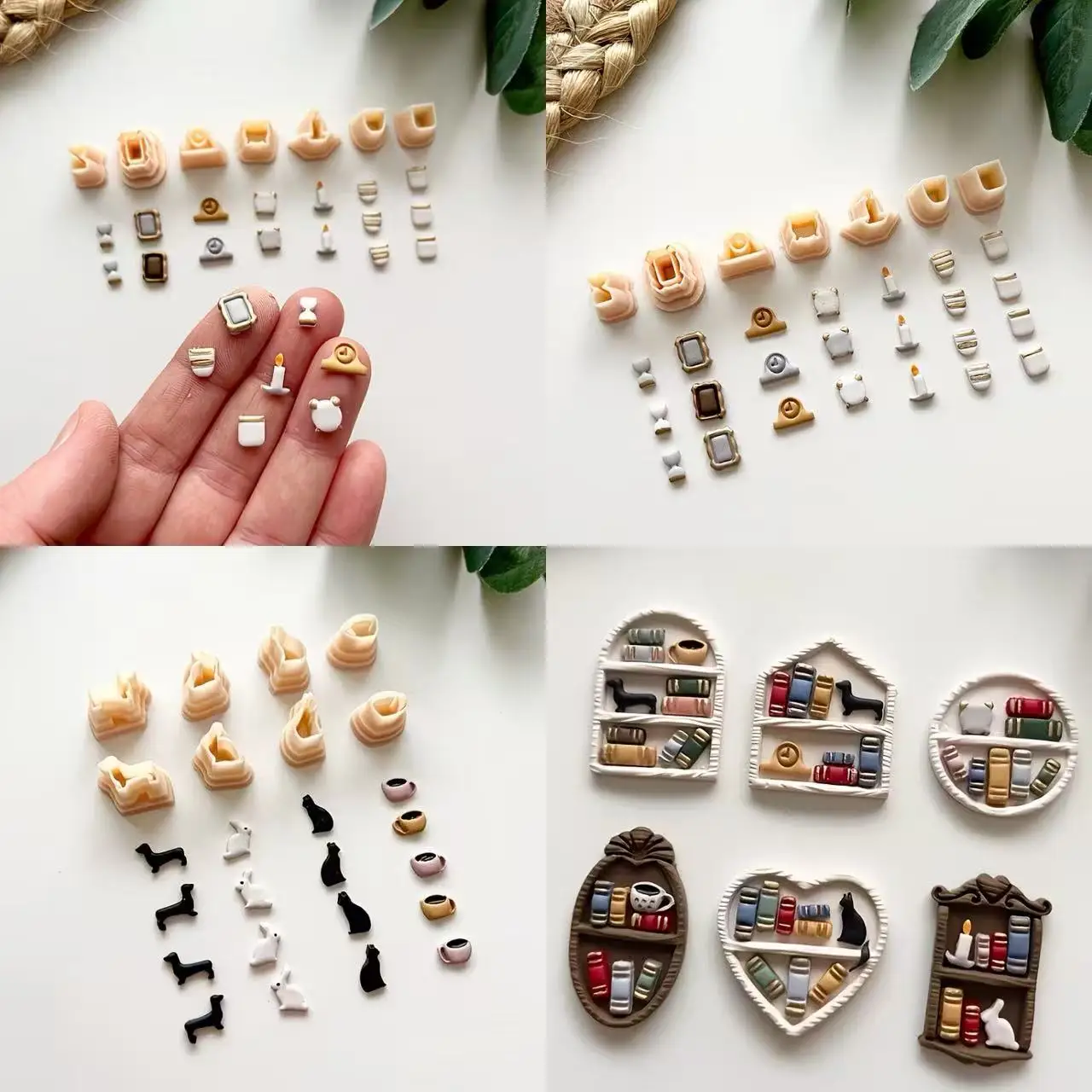 7/8 piece set of miniature shelf decorations clay cutters, various miniature animal shapes, including picture frames, hourglass,