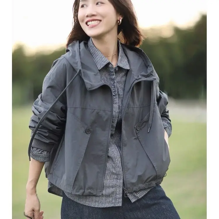 

2023 весна и осень, новая свободная повседневная новая короткая ветровка с капюшоном, женская куртка, рабочая одежда, топ