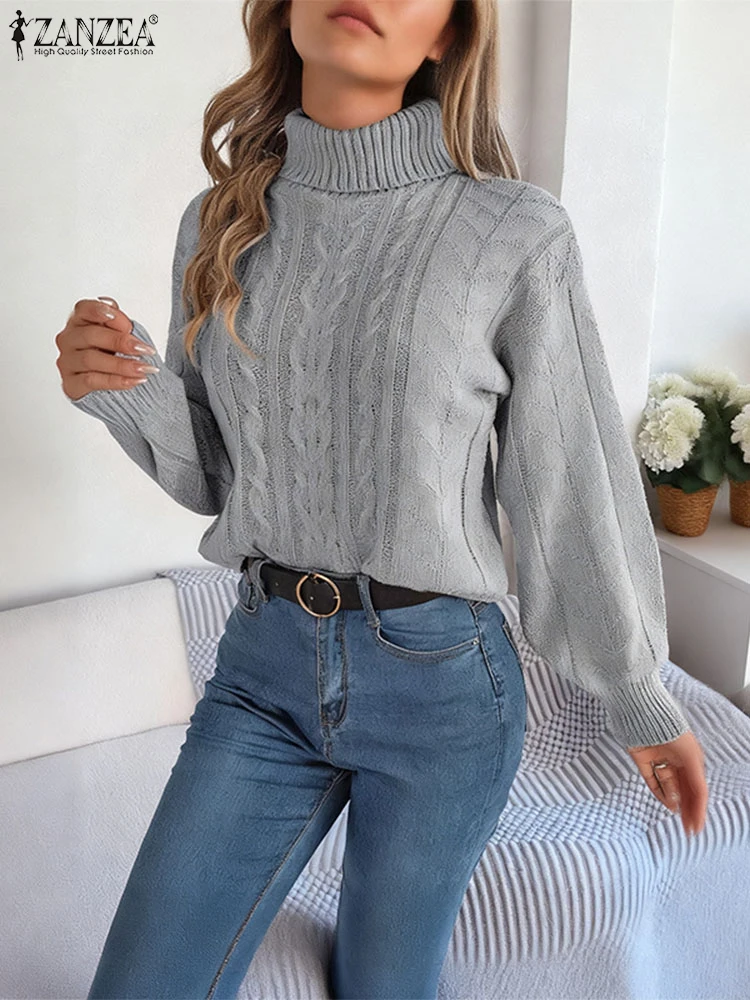 

ZANZEA 2025 Winter Stylish Knitted Long Sleeve Pullover Sweaters Women Autumn Sweater Turtleneck Slim Fit Jumpers Streetwear