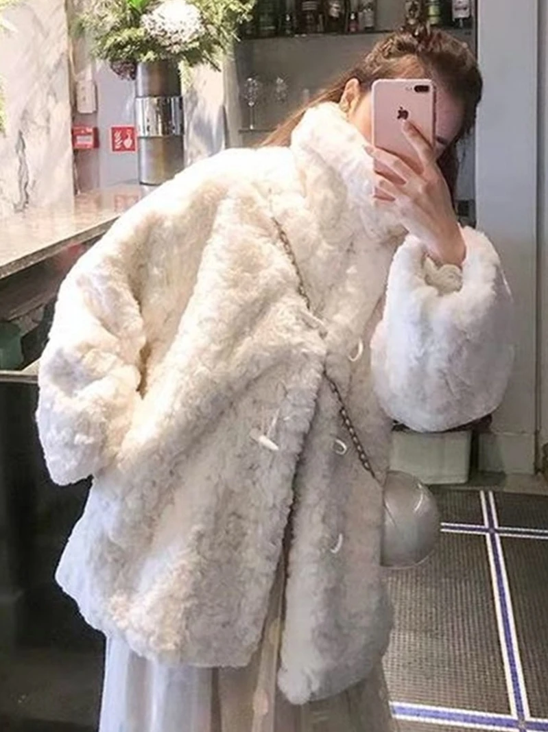 معطف فرو خروف نسائي عصري متوسط الطول مع أزرار من فرو الأرنب المخملي للخريف والشتاء معطف طويل Sve بياقة واقفة... #2