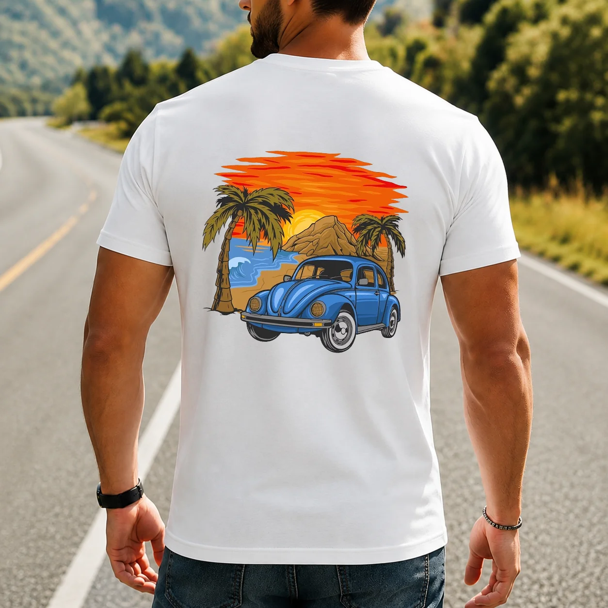 Blue Beetle car, beach, sunset, and palm tree graphic T-shirt—perfect for outdoor street style and casual wear.