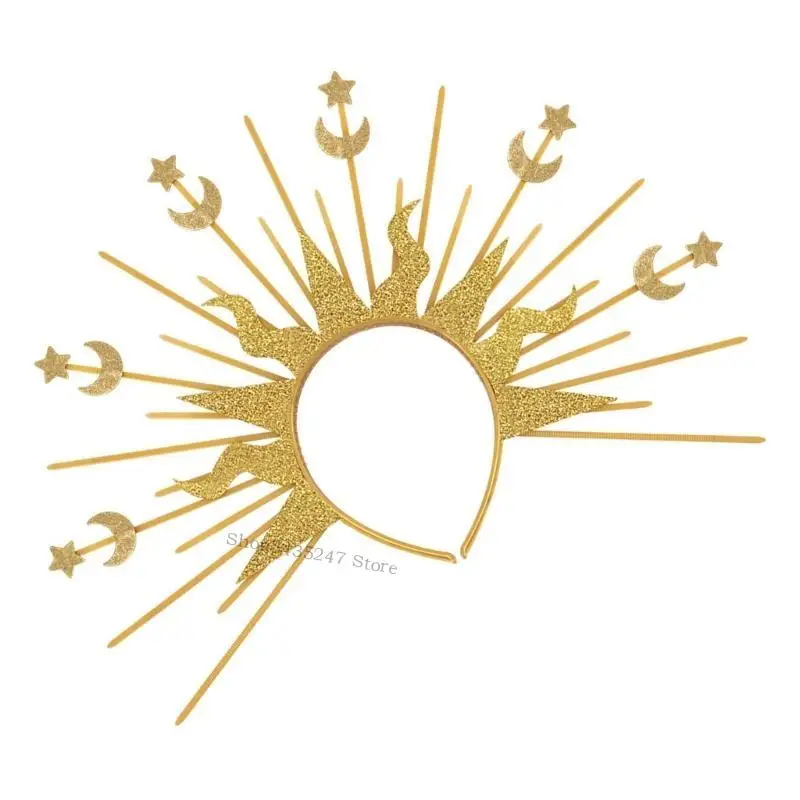 Exaggerated Spiked Headband with Moon Star Tiaras Crown Hairhoop Women Baroque Headwear Crownpiece for Formal Occasion