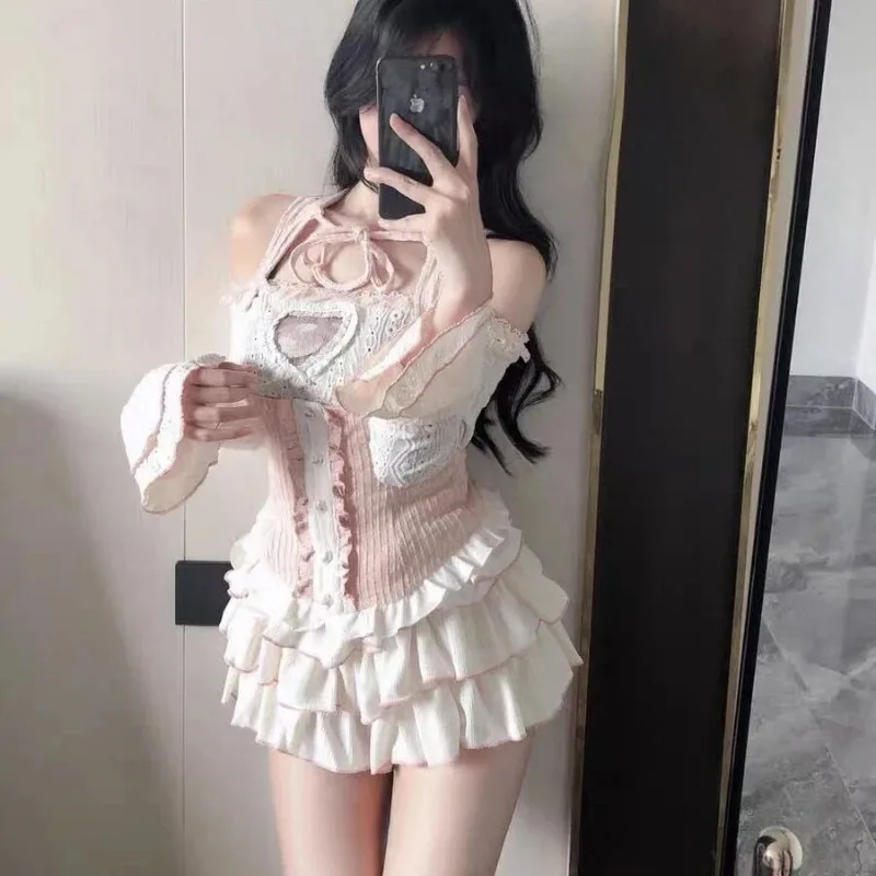 شيك النمط الياباني Kawaii الملابس 3 قطعة التنانير مجموعة النساء Bodycon سليم حتى ملابس الحفلات الخريف لوليتا الدعاوى Y2k المحاصيل القمم