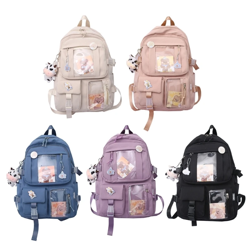 Mochila bonita para estudiantes, bolso escolar japonés Harajuku con múltiples bolsillos y colgante