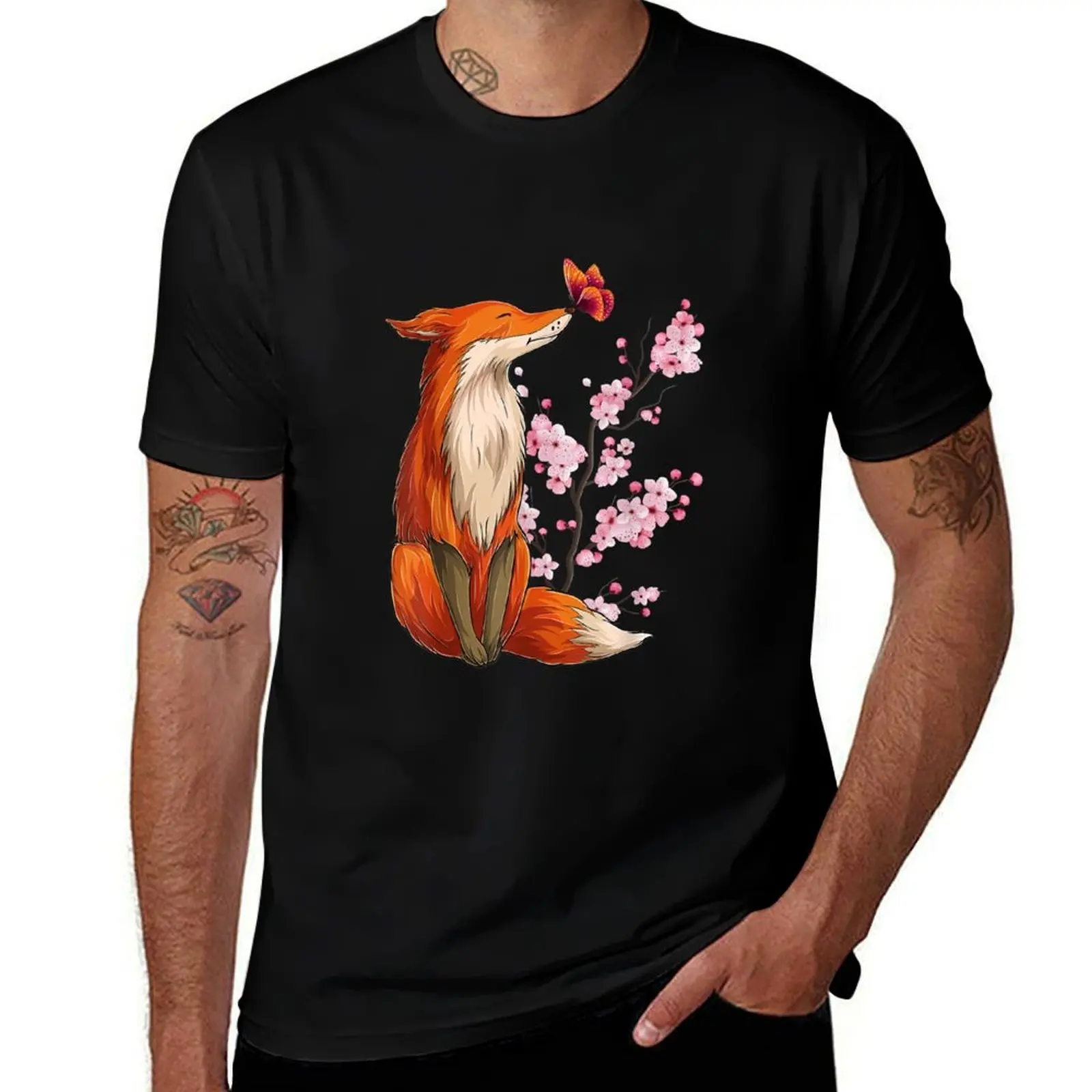 Japanese Fox Cherry blossom Flower sakura trees Kawaii T-Shirt High Quality Durable T-Shirt