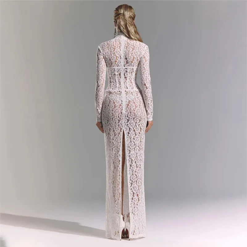 نمط جديد من فستان شفاف طويل منقوش بالدانتيل