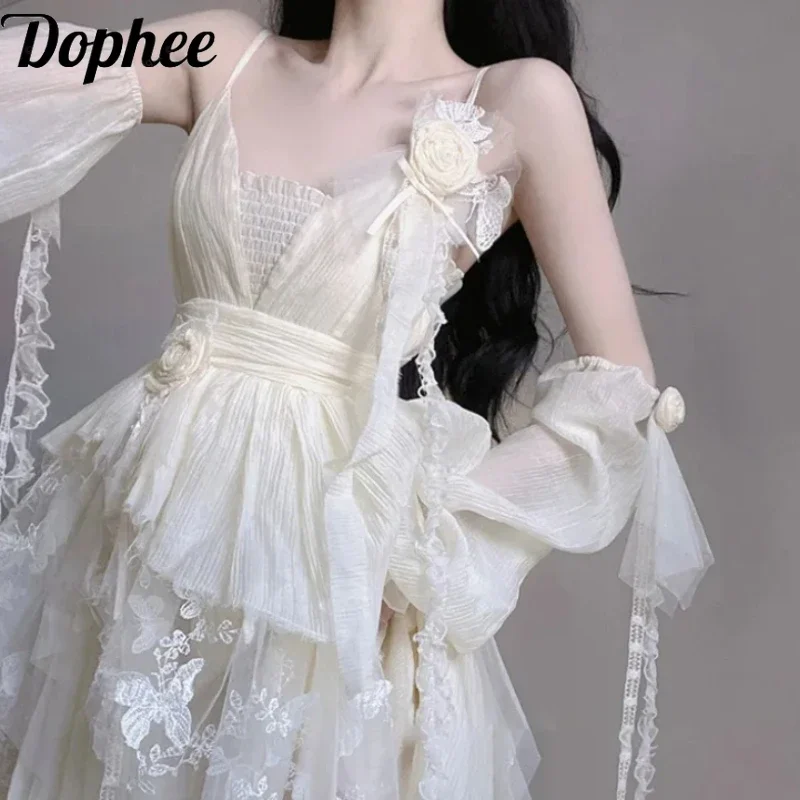 Dophee Original New Spring Summer Vintage Fairy Dress Elegant Off Soulder Butterfly Embroidery Flower Mesh Strap Princess Dress