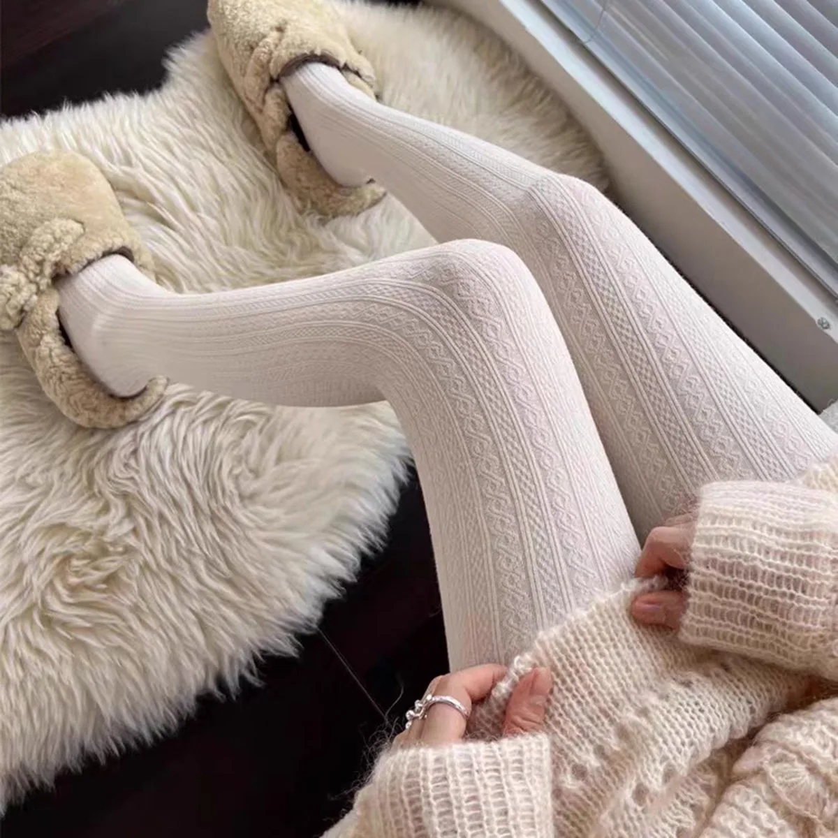 Winter-Strick-Strumpfhose für Damen, sexy, einfarbig, Baumwolle, gestreift, Skinny-Leggings, Strumpfhose, neue Streetwear – Detail 4