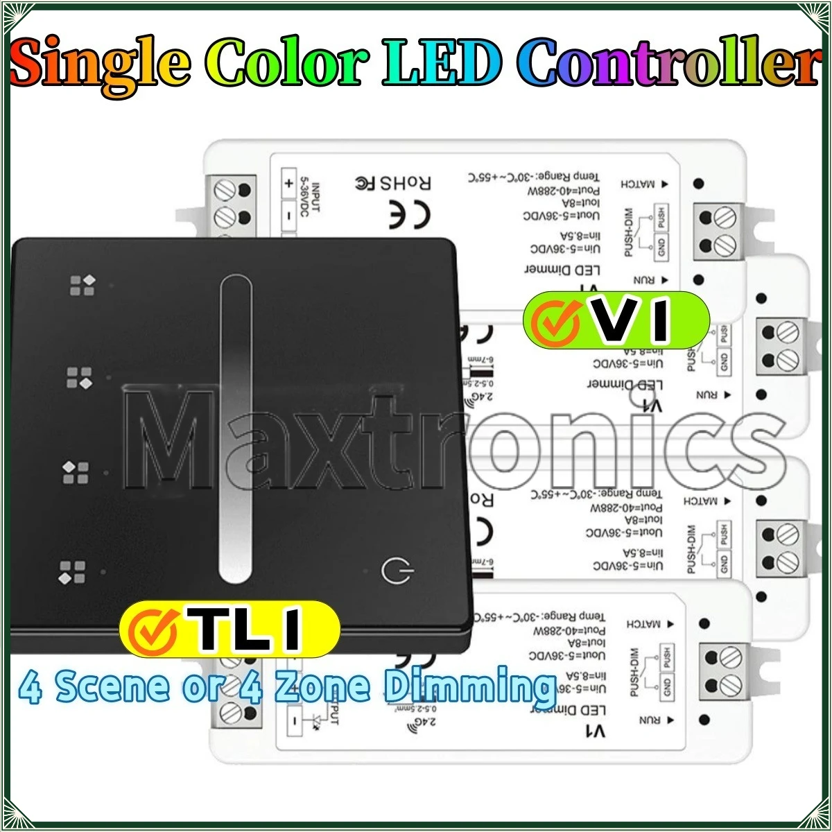 4 Scene or 4 Zone Dimming Touch Panel Remote Control TL1 RF Single Color LED Controller V1 DC12V 24V Dimmer Push Switch Dimming