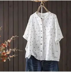Middle aged women clothing 100% cotton yarn print shirts short sleeve blouses for women vintage summer loose tops