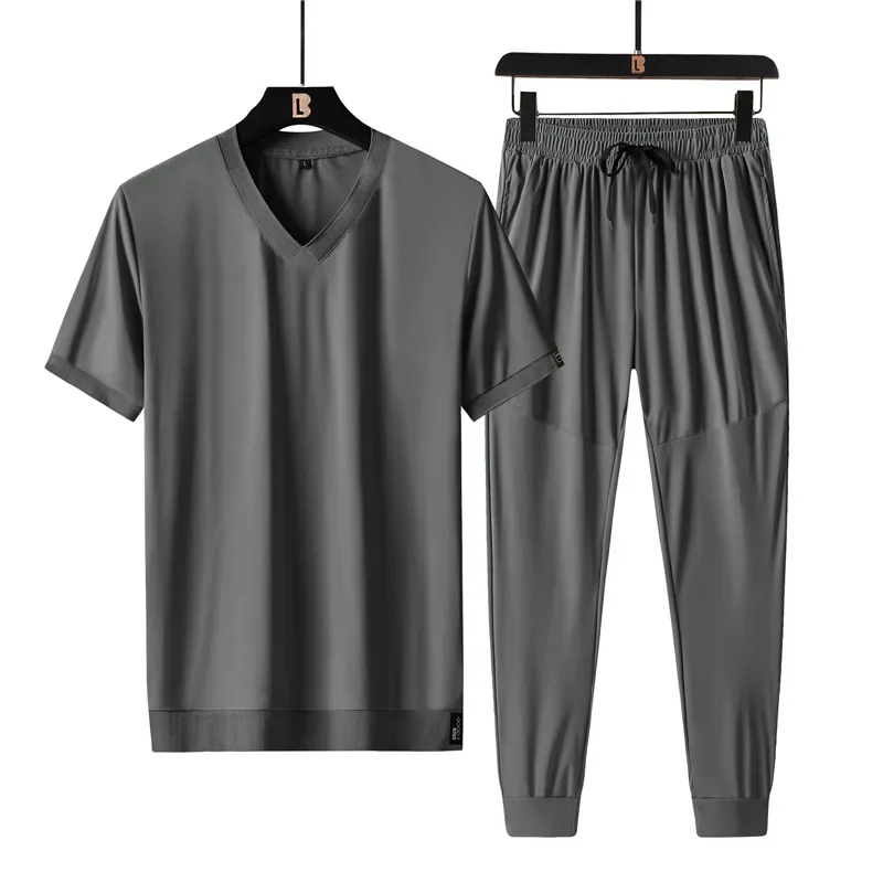 Men Sports Suits 2024 New Summer High Quality Ice Silk V-neck Short-sleeved T-shirt Sets Men\'s Quick-drying Thin Men Clothes