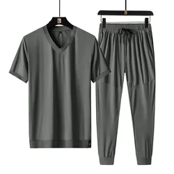 Men Sports Suits 2024 New Summer High Quality Ice Silk V-neck Short-sleeved T-shirt Sets Men's Quick-drying Thin Men Clothes