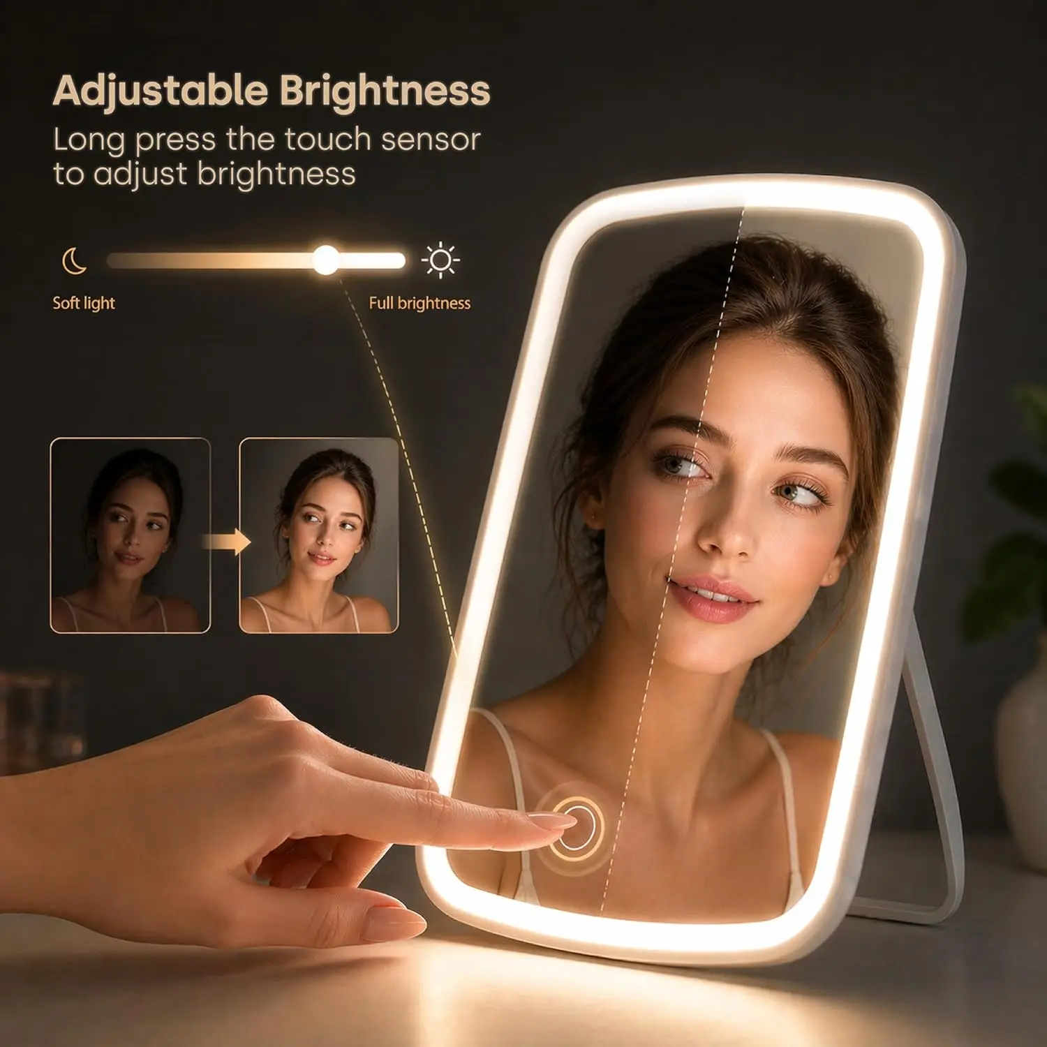 LED Makeup Mirror with Stand Desktop Folding Compact Square Travel Cosmetic Mirror With 3 Colours Lights Portable Handheld Gifts