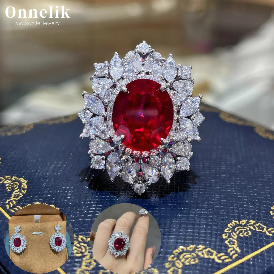 Onnelik 6CT Lab Grown Ruby Jewelry Set S925 Sterling Silver 18K Gold Plated Ring Pendant Necklace Gift Box for Women's Wedding