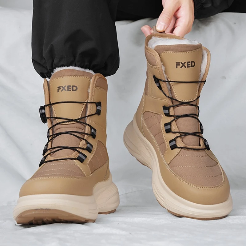 Winter Men's Rotating Button Snow Boots Thick Plush Cotton Boots Keep Warm Winter Boots Non-slip Mid-calf Boot Outdoors Shoes