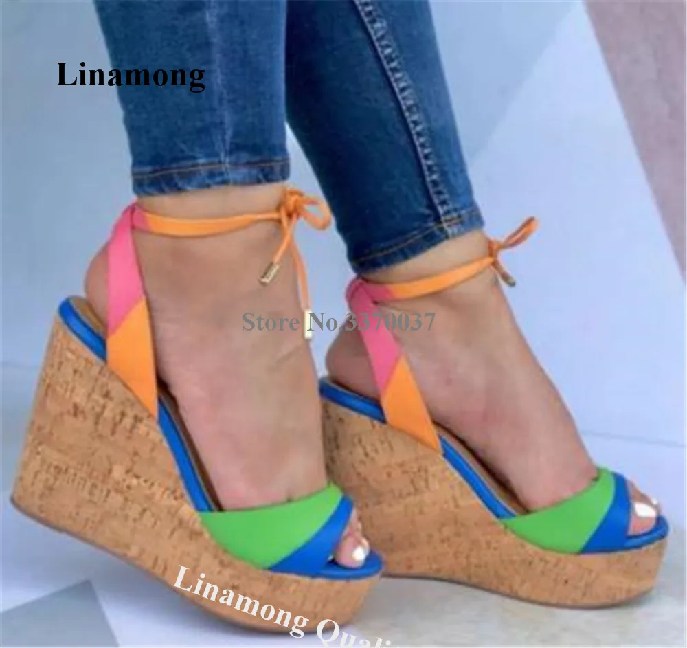 

Mixed-colors Wedge Sandals Linamong Peep Toe Blue Green Patchwork High Wooden Platform Wedges Lace-up Dress Heels