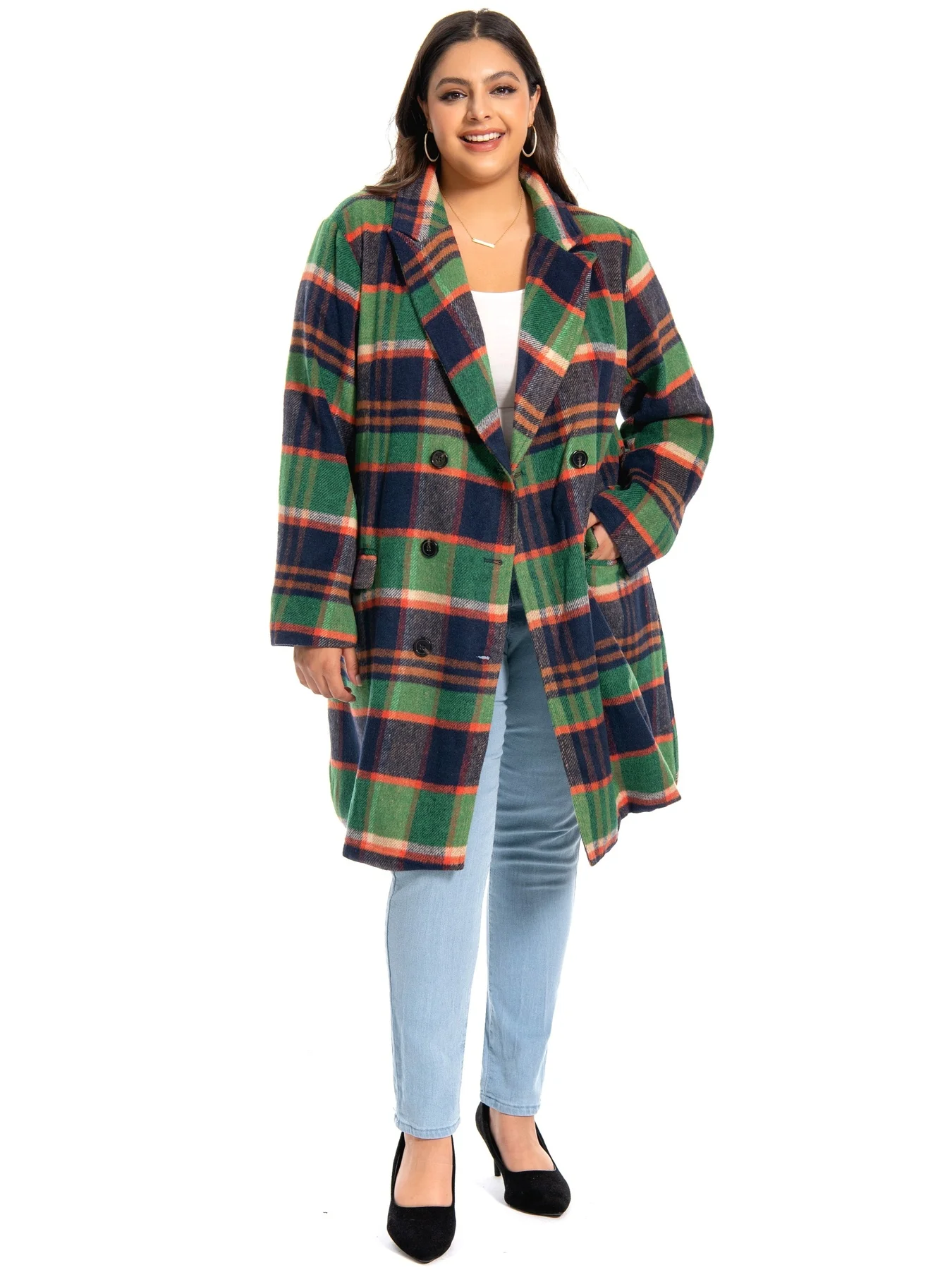 Plus-size Women's Elegant Double-Breasted Plaid Coat. Ideal for daily wear & workplace 1-5XL.