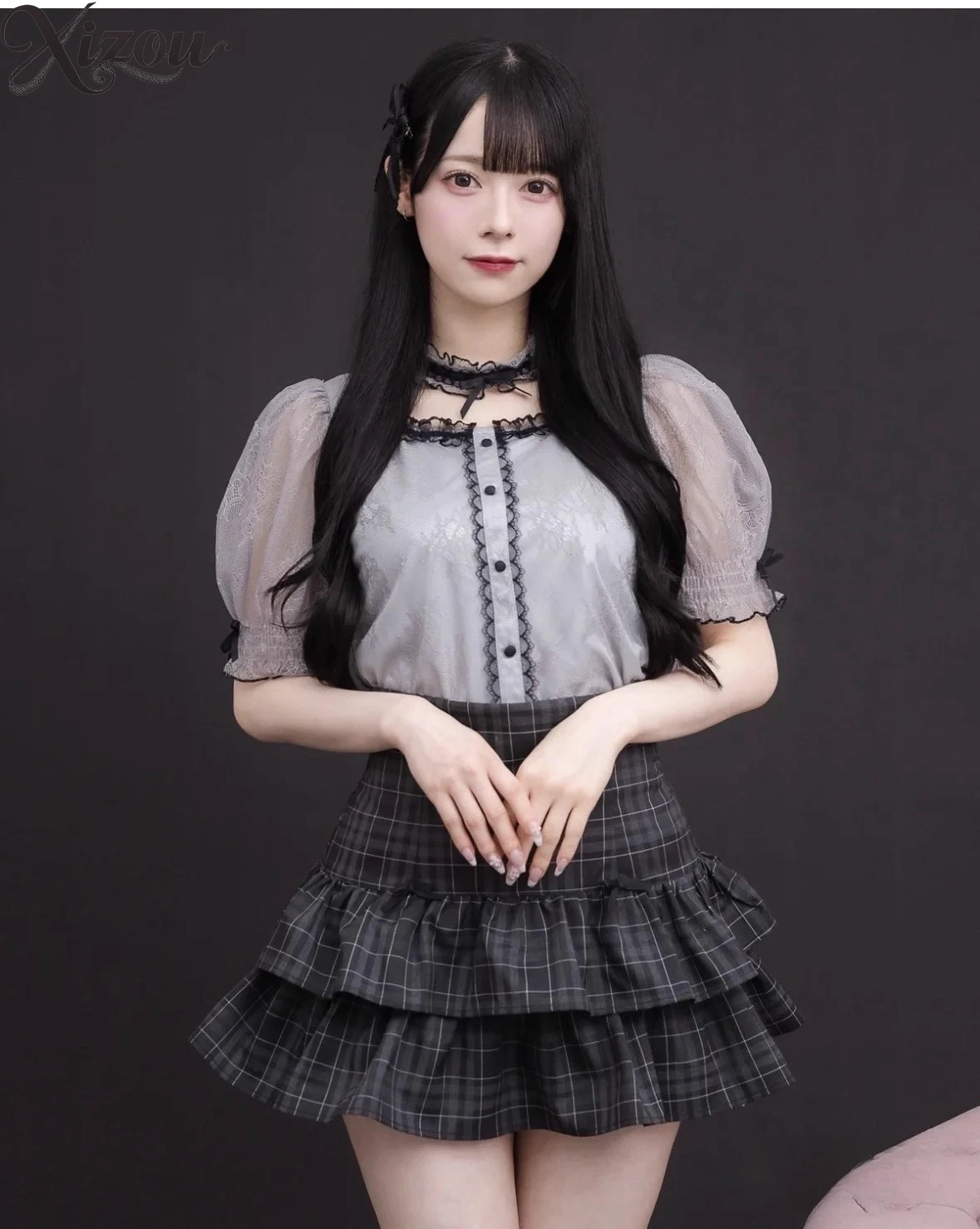 Chemisier japonais coréen pour femmes, col en dentelle, manches courtes bouffantes, couleur ajourée, doux et mignon, haut d'été Lolita (sans étiquette), 2025