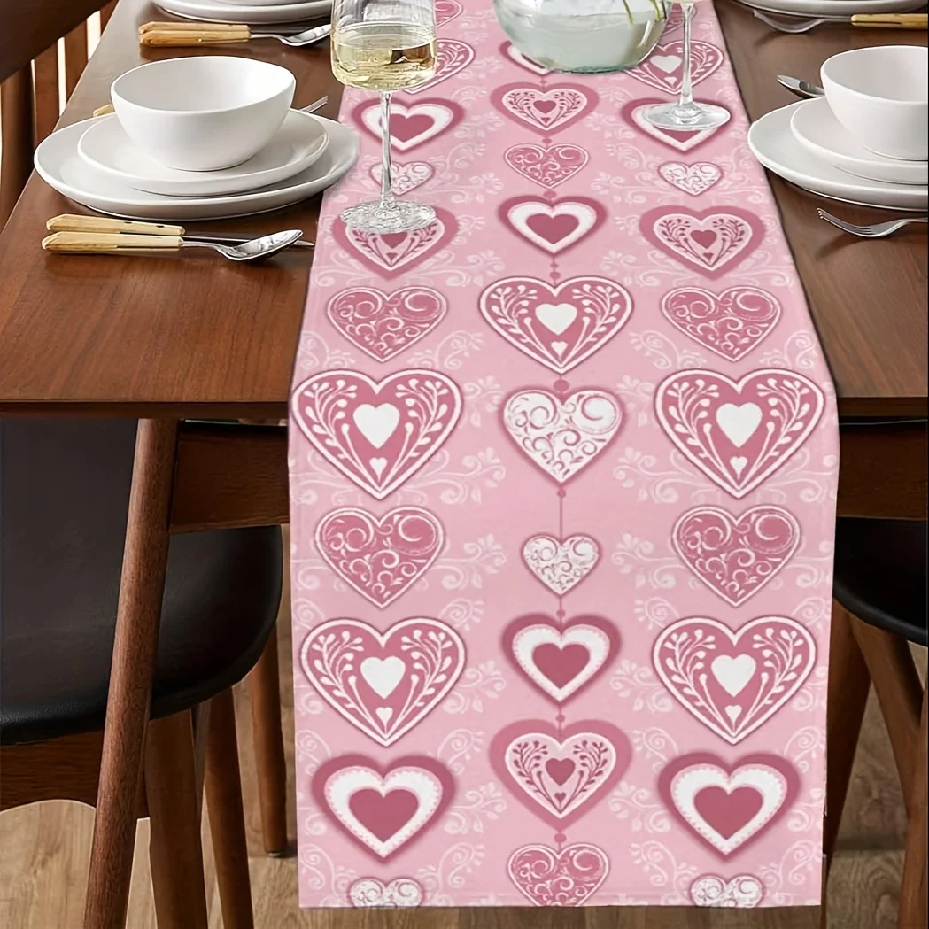 1 Piece of Pink Heart-Shaped Table Runner with Abstract Balloon Leaf Design, Suitable for Restaurants, Cafes, Dinner Restaurants, Farmhouses, Indoor Use, Kitchens, Celebrations, Table Decorations, Dining Room and Banquet Decoration Supplies