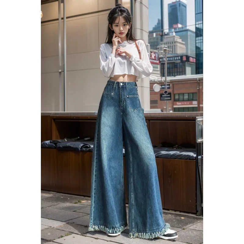 

Women's Vintage Wide-Leg Loose Tassel Denim Pants, New Autumn High-Waisted Frayed Loose Straight-Leg Trousers