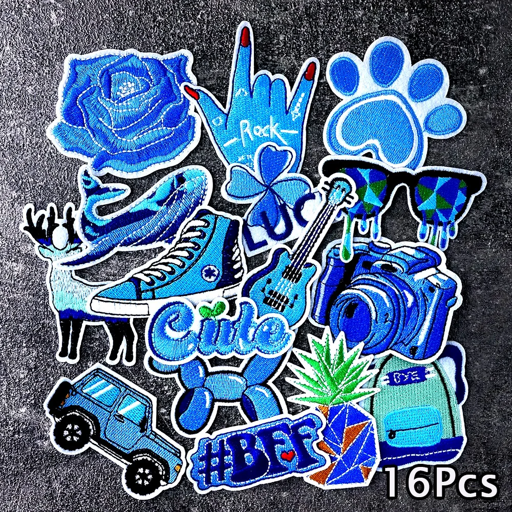 16Pcs/Lot Blue Rose Whale Footprint Backpack Patches Embroidery Applique Ironing Clothing Sewing Supplies Decorative Badge Patch