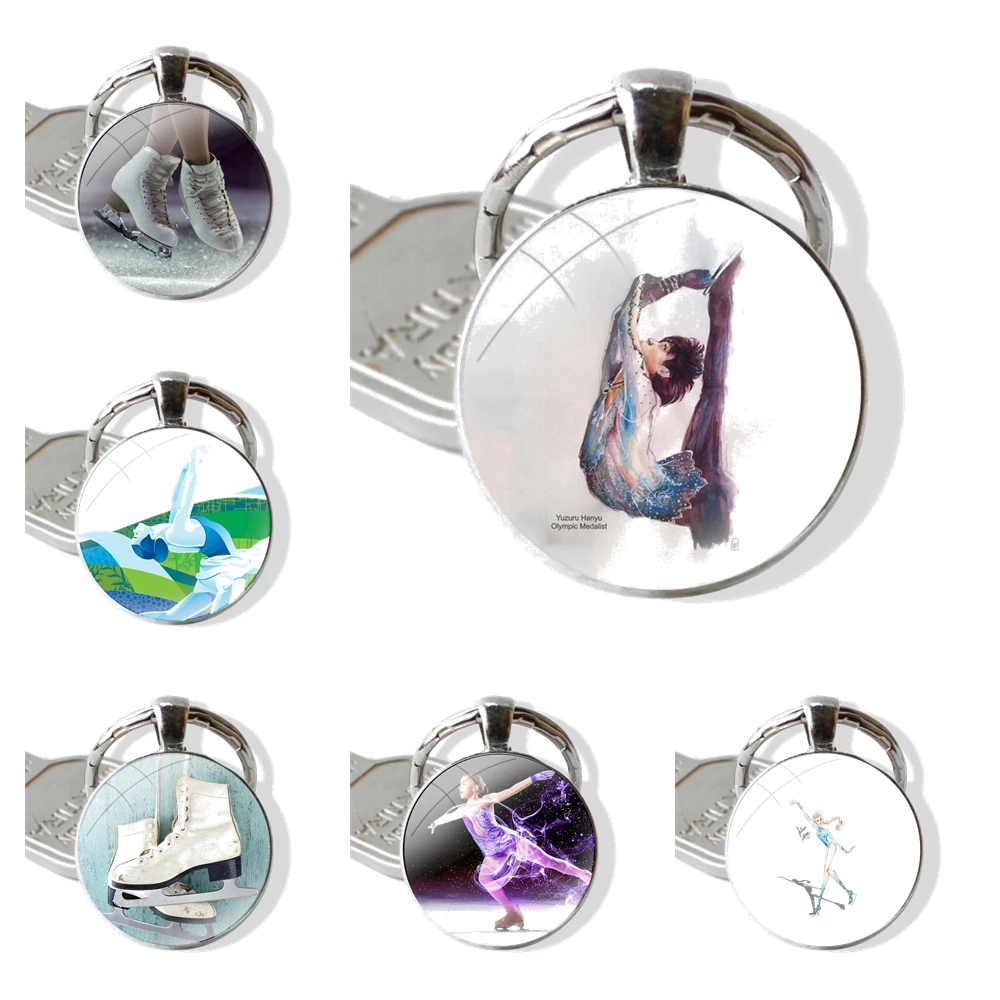 Keychain Handmade Glass Cabochon Key Ring Holder Pendant Key Chains Figure skating and Ice Skating