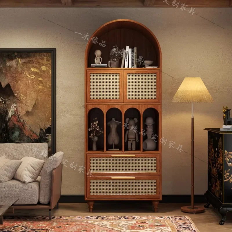 DSA retro solid wood bookcase, antique style against the wall in the living room, rattan door, locker, light luxury arched