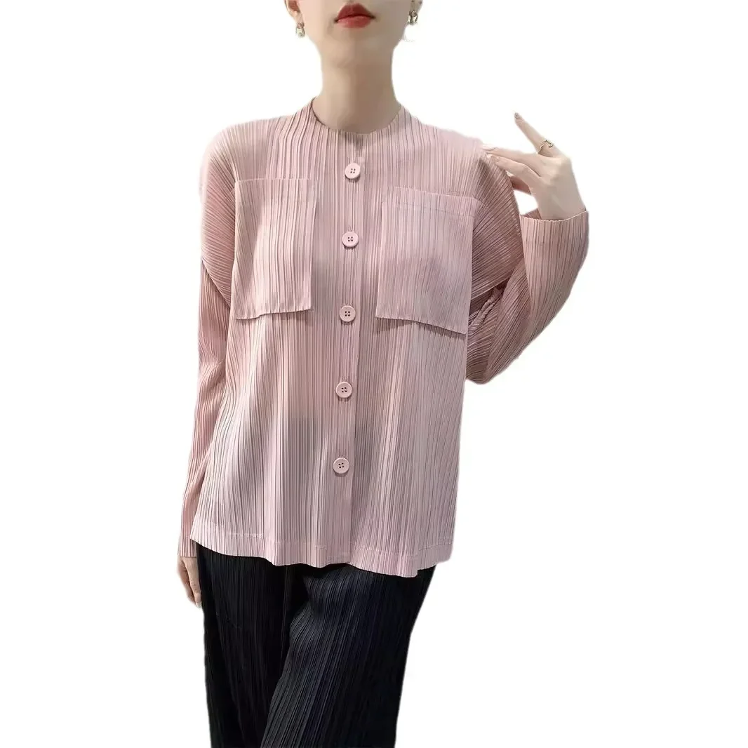 Blouse plissée à boutonnage simple pour femme, cardigan confortable, chemise à manches longues, revers debout, poche d'orgue, été, nouveau, 2024, Ata Yake