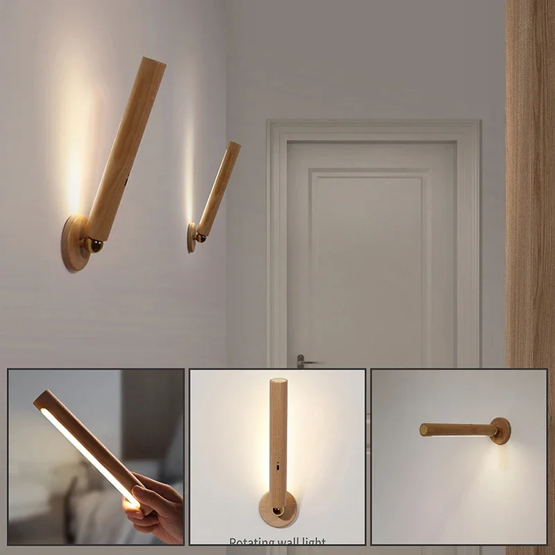 Wooden Magnetic Light 360°Rotatable LED Lights Portable Rechargeable USB Wall Lamp for Home Wardrobes Lighting Supplies