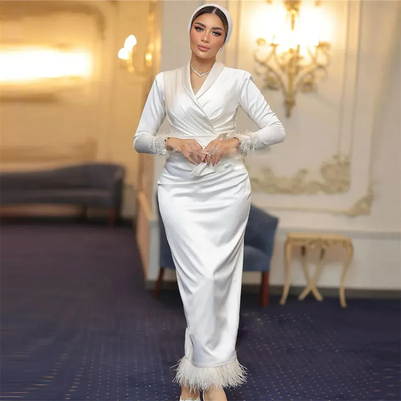 

White Feather Muslim Prom Dresses V Neck Long Sleeve Ankle Length Arabic Dubai Party Dress Feather Mermaid robe de soiree