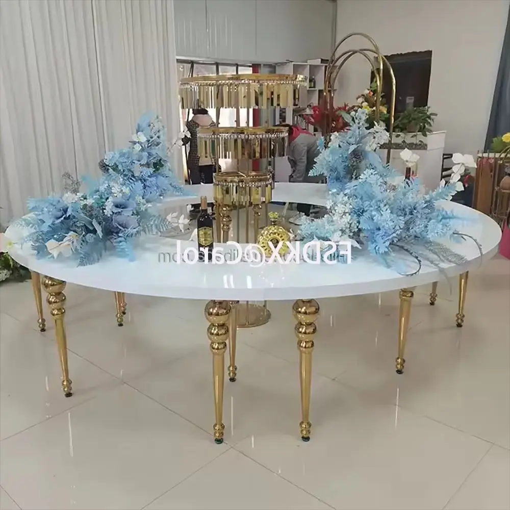 White S-Shaped Stainless Steel Half Moon Table Wedding Dining Furniture Modern 340cm