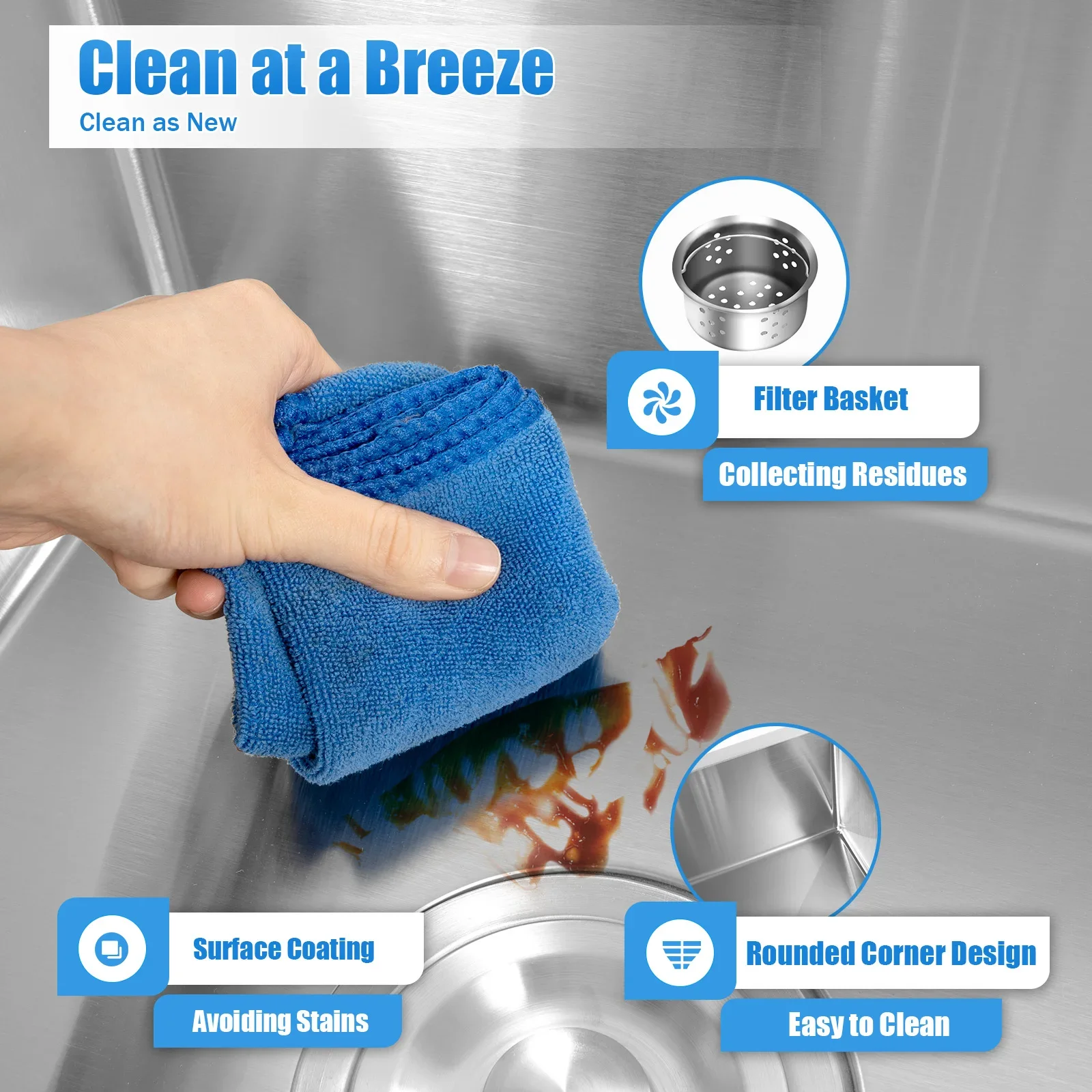 Silver Stainless Steel Rectangular Practical Versatile Sink Set for Kitchen with Drainage Basket Kitchen counter displays