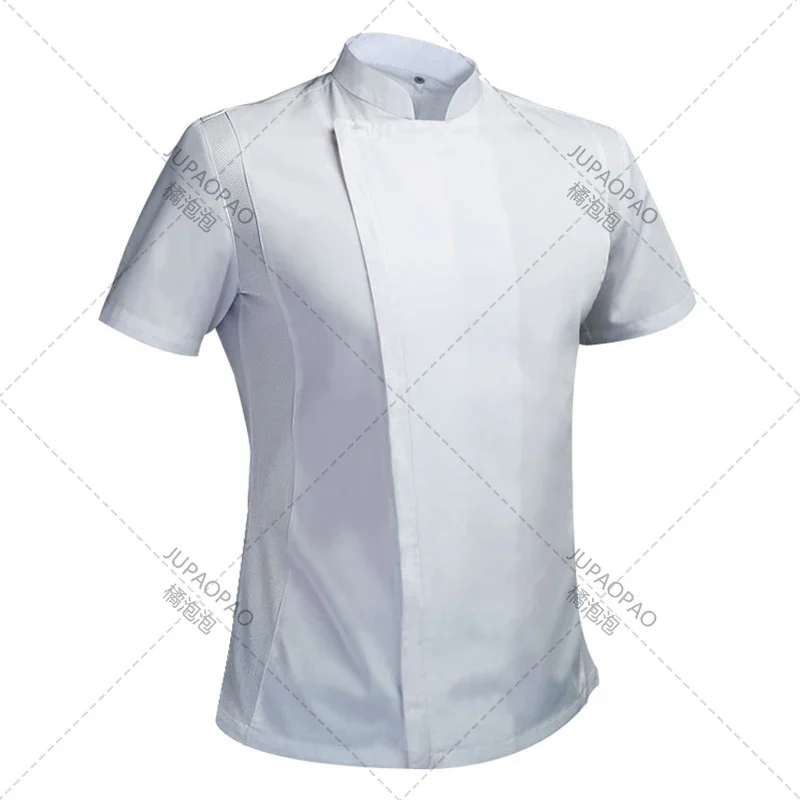 Traje de Chef de verano para hombre, chaqueta de cocinero, camisa blanca para restaurante, uniforme de barbería, ropa de trabajo, monos para Restaurantes