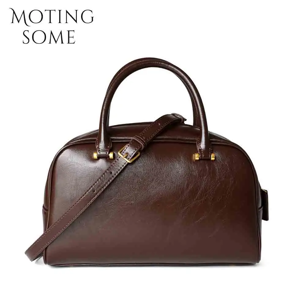 Motingsome Stylish Woman Bowling Bags Boston Purses Luxury Genuine Leather Handbag Pillow Bags Shoulder Retro Satchel Black 2024