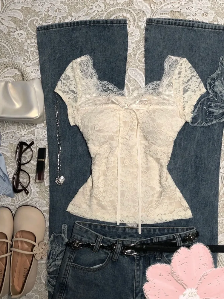 Chemisier d'été Vintage en dentelle abricot pour femmes, élégant, avec nœud doux, Slim Fit, rétro Chic Y2K, mode décontractée, doux, t-shirts, nouveau