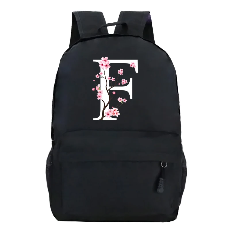 Youth School Backpacks Sakura Flower A-Z Alphabet Large Capacity Canvas Harajuku Fashion Zipper Aesthetic Shoulders Black Bags