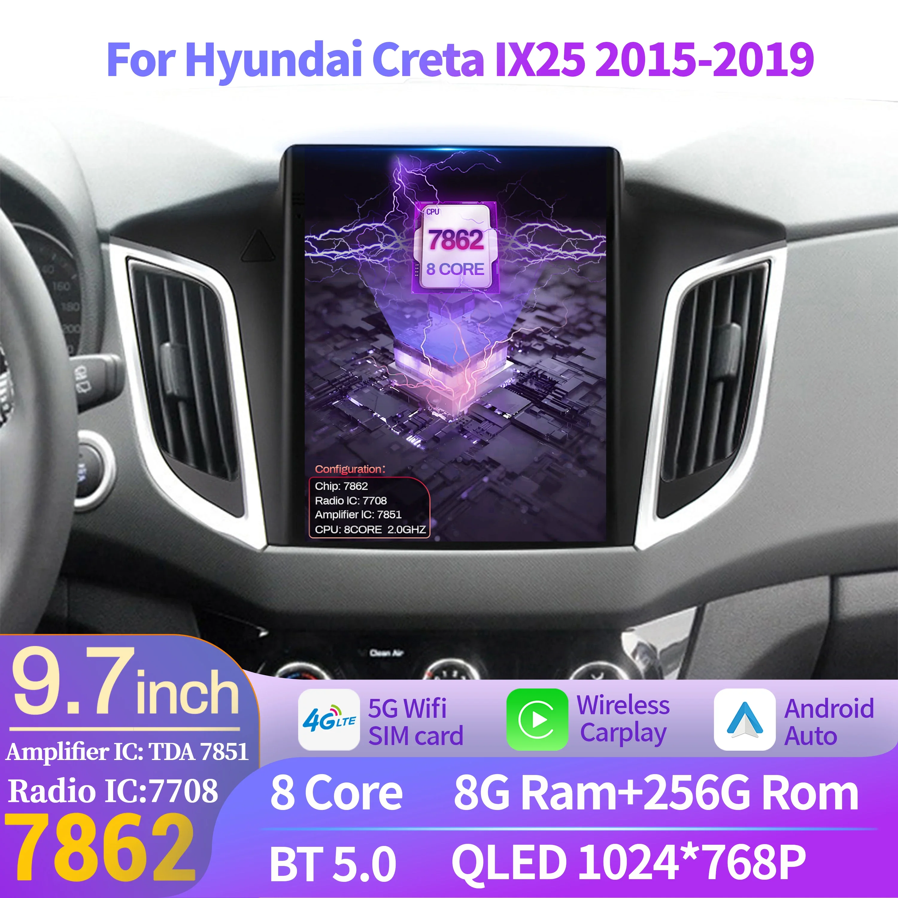 

9.7inch Android 14 For Hyundai Creta IX25 2015-2019 Car Radio Multimedia Navigation Intelligent system GPS Carplay QLED Screen