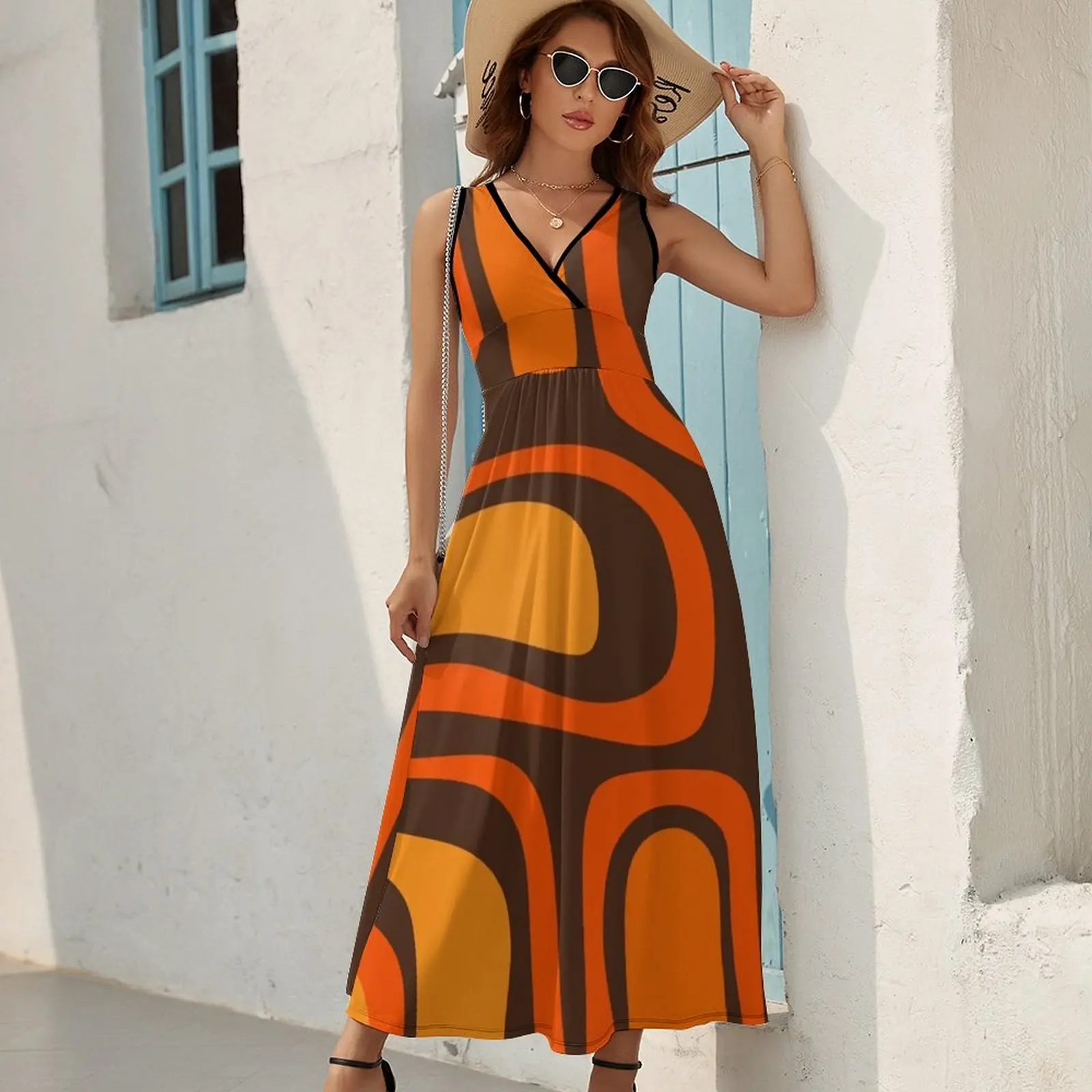 Palm Springs Retro Mitte des Jahrhunderts moderne abstrakte Muster in den 70er Jahren braun und orange ärmellose Kleid Ballkleider Kleid Frauen Sommer