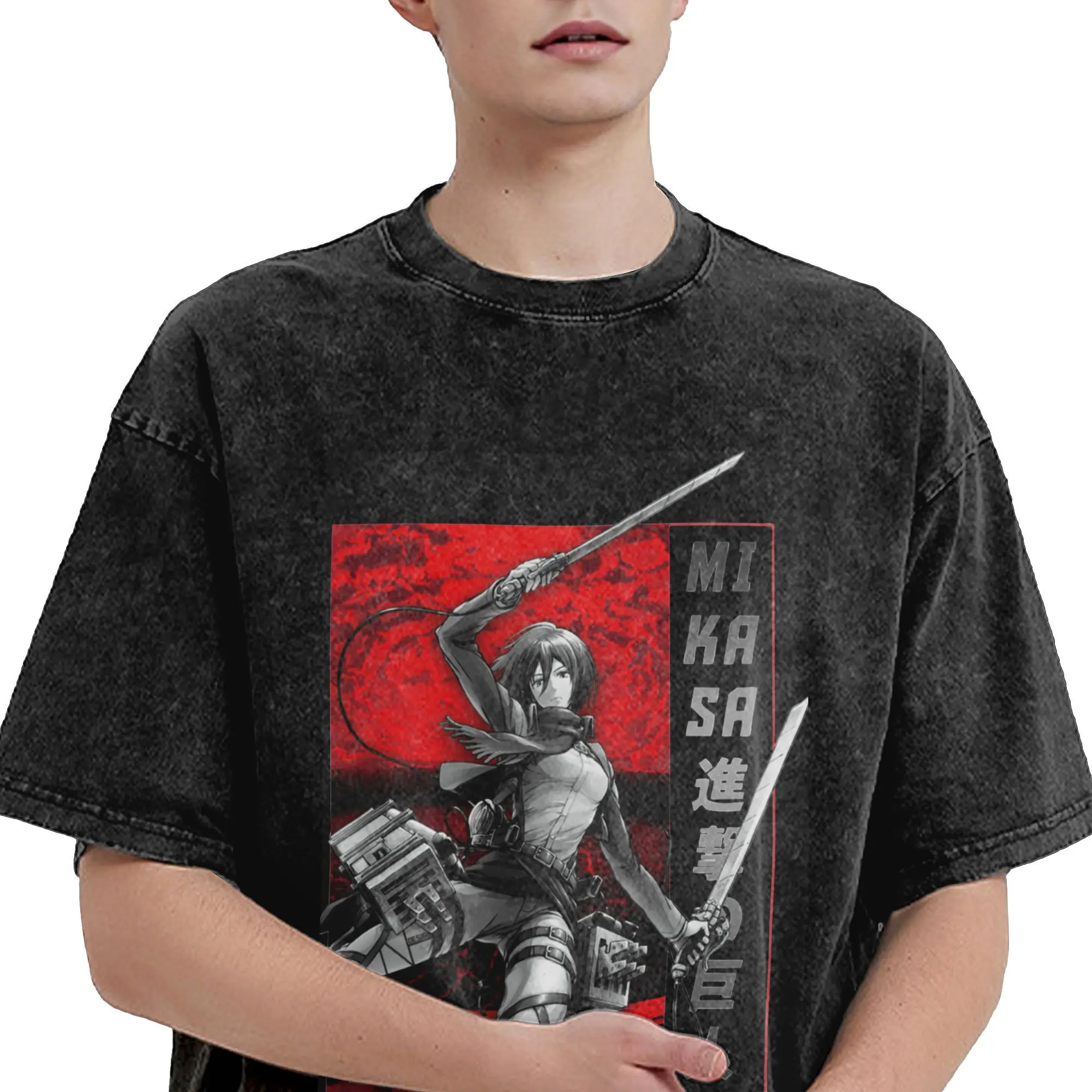 Mikasa Ackerman Aanval op Titan Vintage Gewassen T-shirt Grappige Katoenen T-shirts Crewneck T-shirts met korte mouwen Zomerkleding