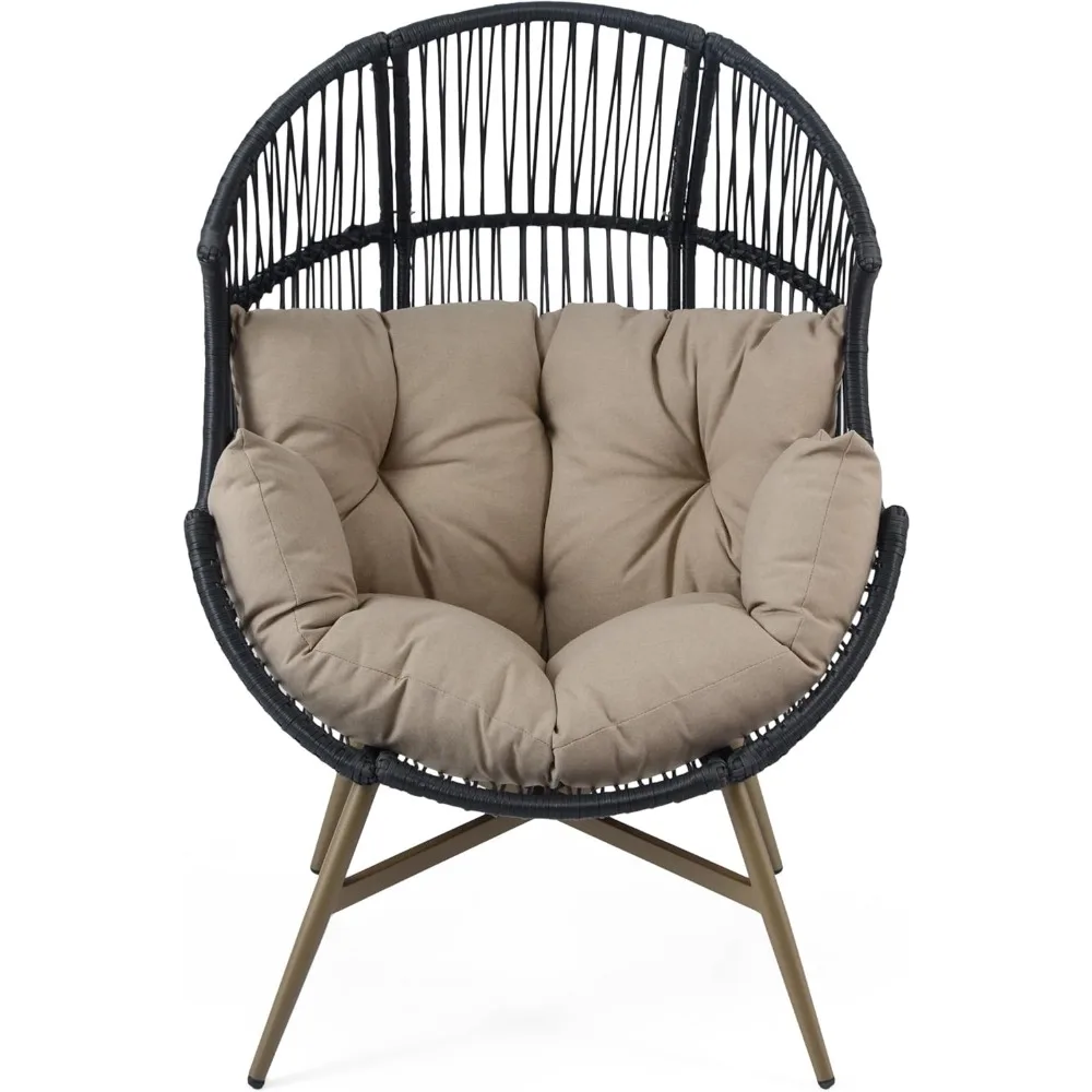 Outdoor Egg Chair,Patio Wicker-Weave Lounge Chair with Khaki Cushion Metal Frame,Oversized Modern Rattan Single Sofa