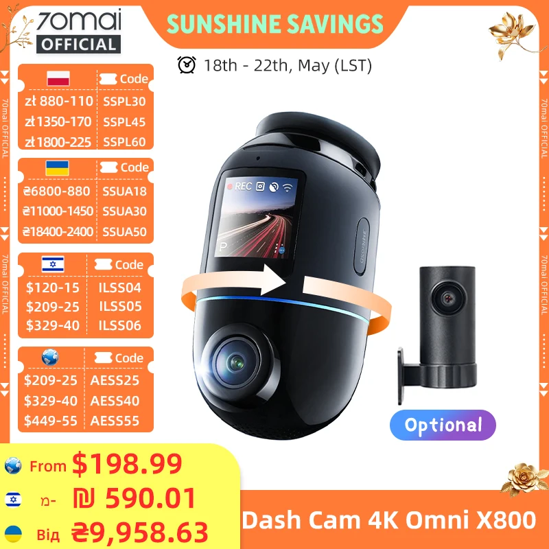 Global Version 70mai Dash Cam 4K Omni X800 360° Rotating Dual