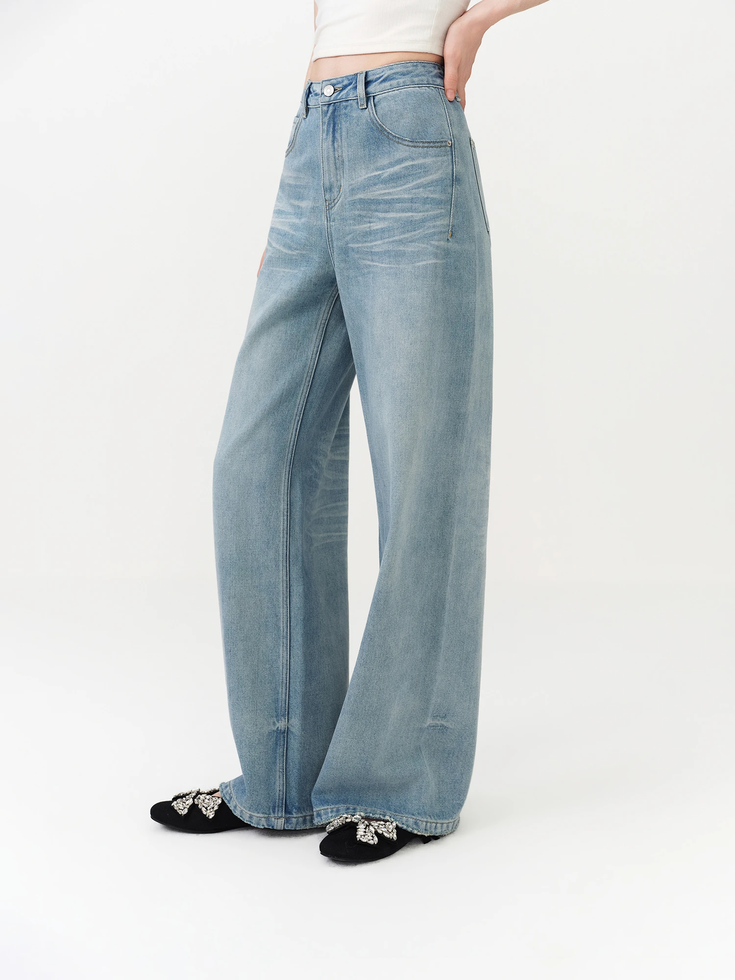 FSLE New Summer Women‘s Wide Leg Jeans Vintage Washed Straight Wide Leg Pants High Waist Denim Trousers Casual Street Style Chic
