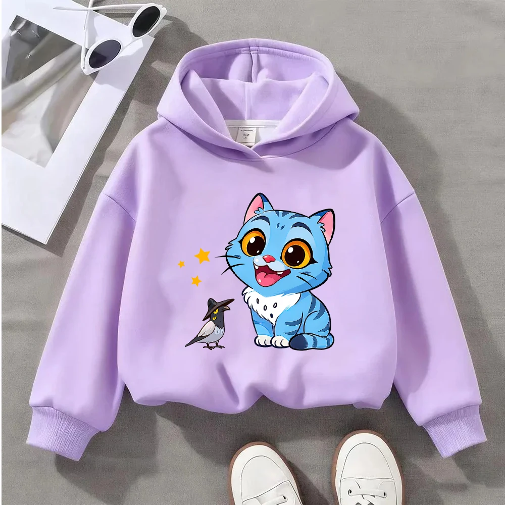 

Kids Sweatshirt Cute Blue Cat Bird Cartoon Print Toddler Pullover Casual Long Sleeve Top Autumn Winter Clothing 2-8Y