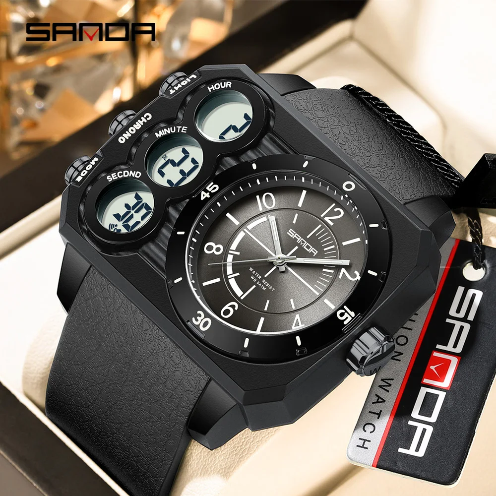 SANDA 6237 Men's Electronic Watch Fashion Sports Waterproof Luminous Creative Large Dial Calendar Cool Digital Watches for Men